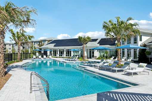 A swimming pool surrounded by palm trees and lounge chairs.