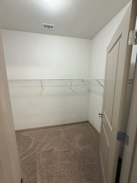 A white closet with a carpeted floor and a white door.