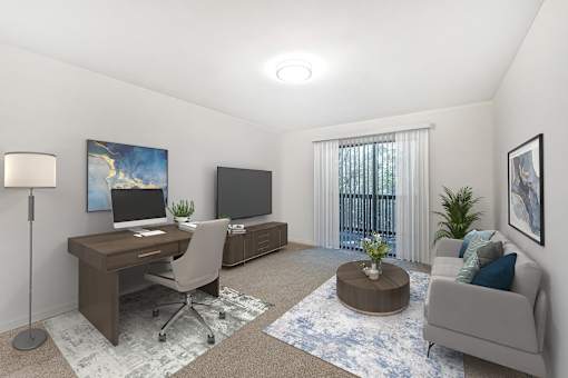 a living room with a couch and a desk with a tv at Riverchase Landing, Hoover, AL, 35244