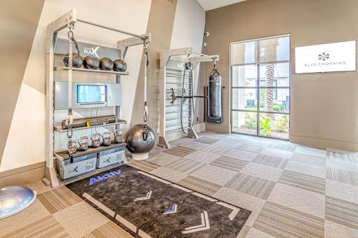 Free Weights In Gym at Alys Crossing Apartments, Cypress