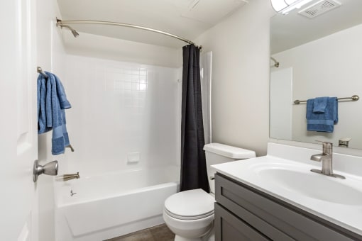 a bathroom with a sink toilet and bathtub at Copper and Quarry Village, Pikesville, MD, 21209