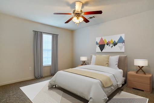Crosswinds Bedroom with ceiling fan and light at Crosswinds Apartments, Pearl