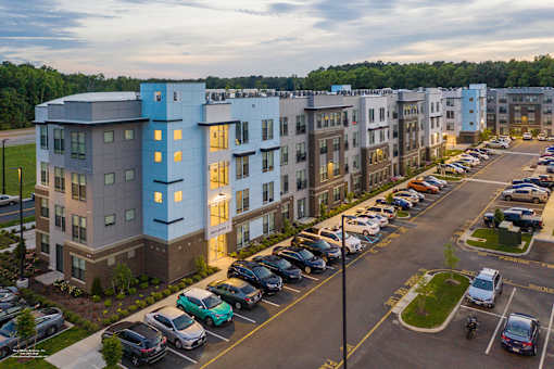 Lumen Exterior Night at Lumen Apartments, Hampton, VA, 23666