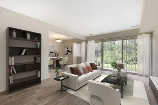 a living room filled with furniture and a large window at Copper and Quarry Village, Pikesville, MD