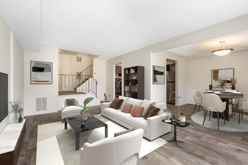 a living room with white couches and chairs and a dining room with a table and chairs at Copper and Quarry Village, Maryland