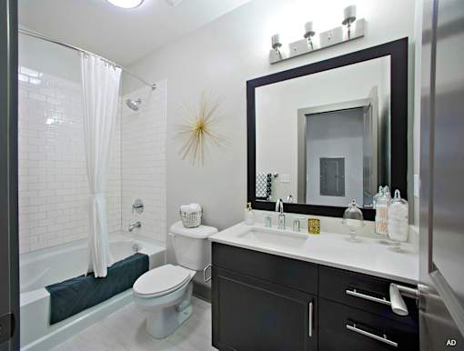 a bathroom with a white toilet next to a bathtub with a shower curtain at The Addison,Louisiana
