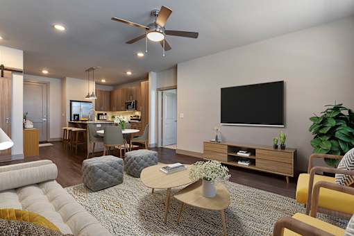 Spacious Living Room with Ceiling Fan and TV at The Cosmopolitan, Tulsa, OK, 74119