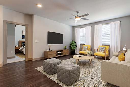 Living Room With Expansive Window at The Cosmopolitan, Tulsa, 74119