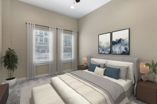 a bedroom with a bed and two windows