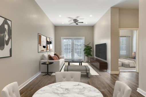 a living room with a couch and a table