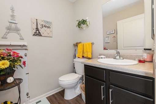 a bathroom with a toilet sink and mirror