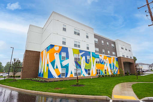 A large mural on the side of a building.
