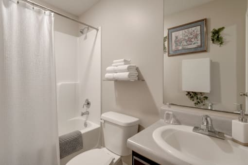 A white bathroom with a toilet, sink, and shower.