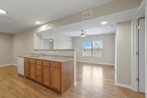 a kitchen and living room with a sink and a mirror
