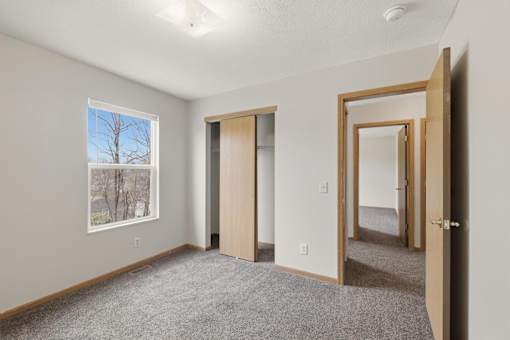 A room with a carpeted floor and a window showing a tree outside.