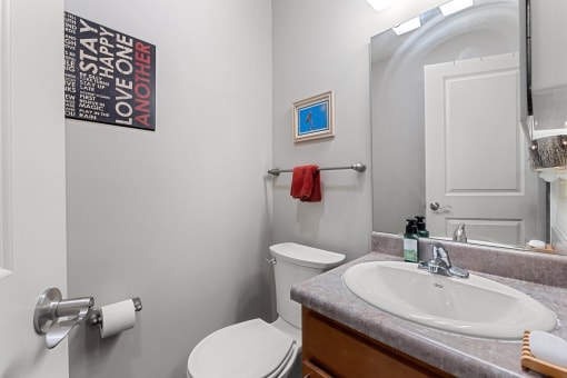 a bathroom with a sink toilet and a mirror
