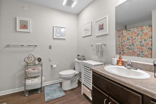a bathroom with a toilet sink and mirror