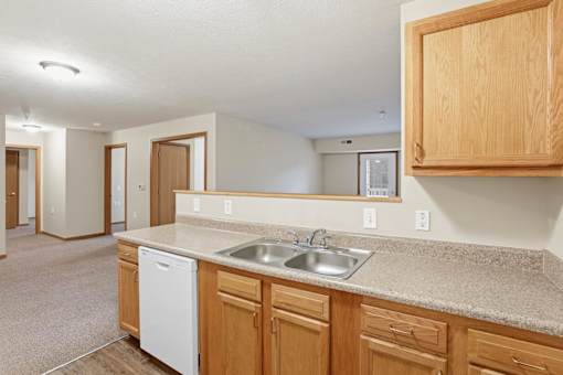 A kitchen with wooden cabinets and a white dishwasher.
