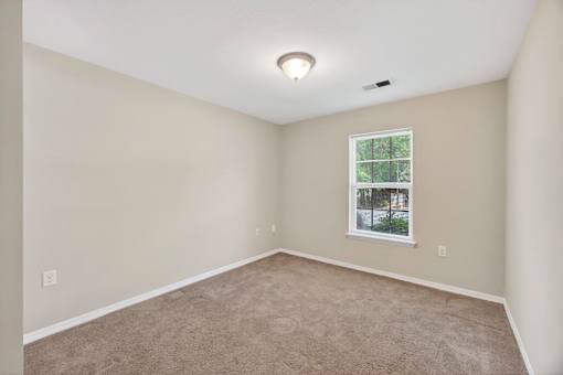 A room with a carpeted floor and a window showing trees outside.