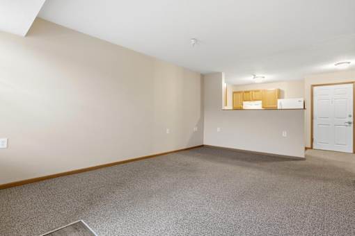 Empty room with carpeted floor and white door.