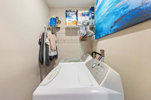 a washer and dryer in a laundry room with a painting on the wall