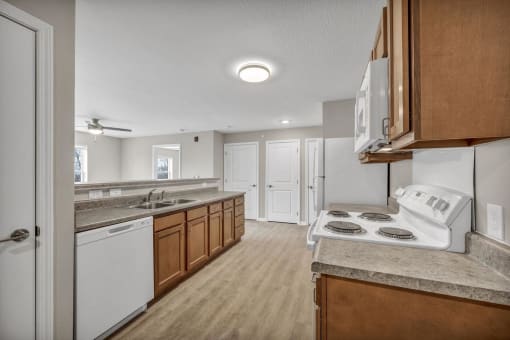 an empty kitchen with a stove and a sink