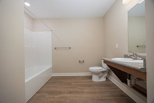 A bathroom with a toilet, sink, and mirror.