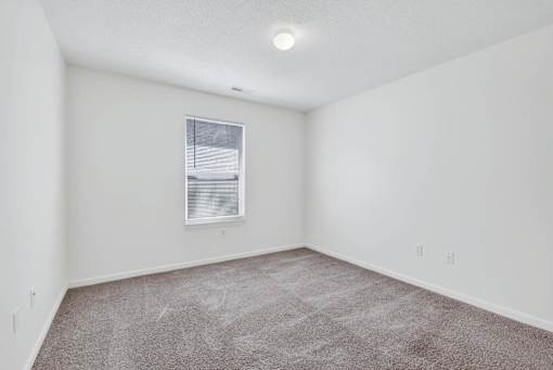 A room with a carpeted floor and a window with blinds.