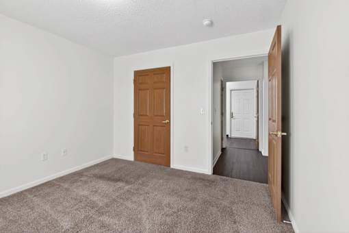 A room with a brown door and carpeted floor.
