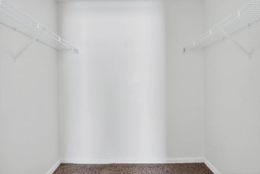 A white room with a brown carpet and two white shelves on the wall.