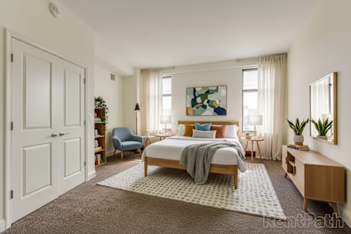 A bedroom with a bed, a chair, and a painting on the wall.
