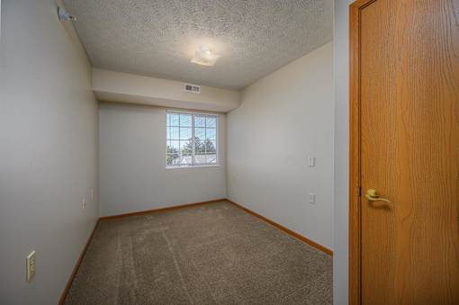 A room with a brown carpet and a wooden door.