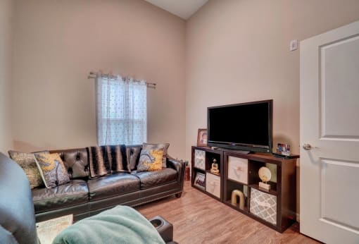 a living room with two couches and a tv