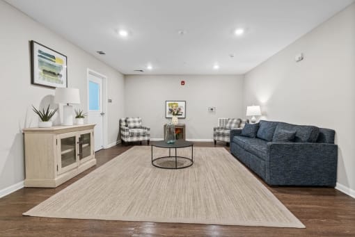 a living room with two couches and a coffee table