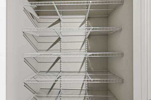 Empty shelves in a white pantry.