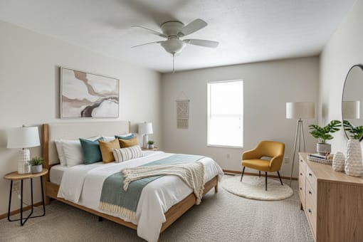 A bedroom with a bed, chair, and a ceiling fan.
