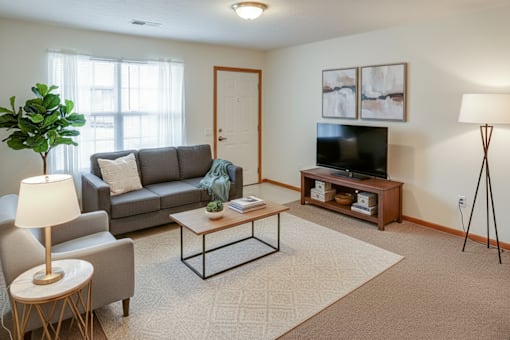 A living room with a grey couch, a coffee table, a television, and a floor lamp.