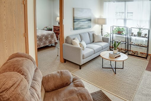 A living room with a grey couch and a coffee table.