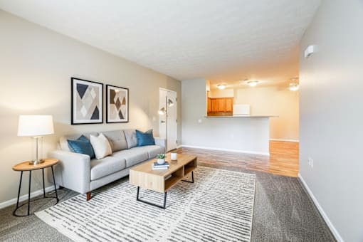 A living room with a grey sofa, a coffee table, and a lamp.