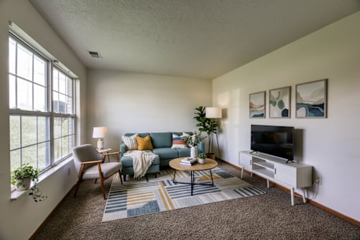 A living room with a blue couch, a television, and a rug.