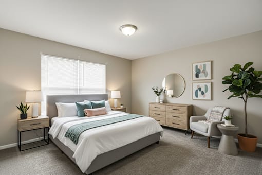 A well-lit bedroom with a large bed, a side table with a plant, a chair, a toilet, and a potted plant.