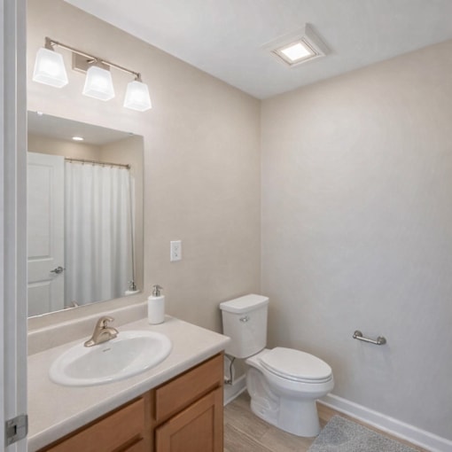 A bathroom with a toilet, sink, mirror, and light fixture.