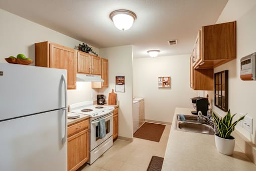 A kitchen with a white refrigerator and wooden cabinets.