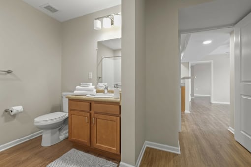 A bathroom with a toilet, sink, and mirror.