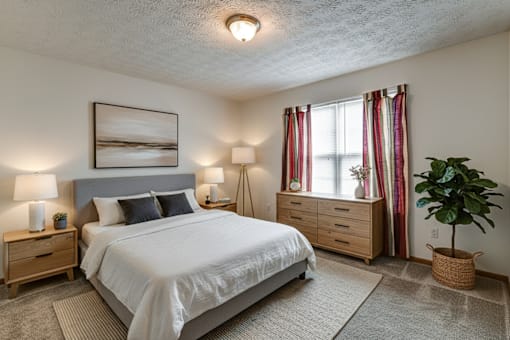 A bedroom with a large bed, two lamps, and a potted plant.