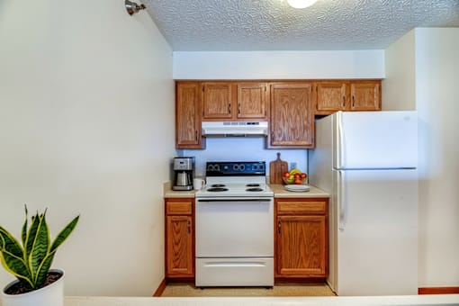A kitchen with white appliances and wooden cabinets.