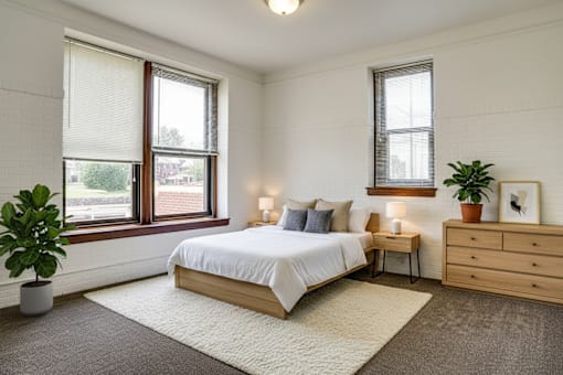 A bedroom with a large bed, a nightstand, and a potted plant.