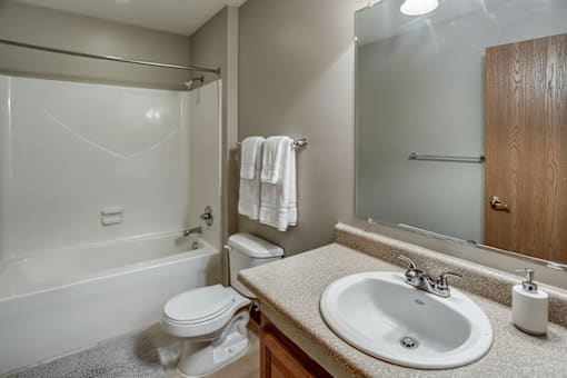A white toilet is in a bathroom with a sink and mirror.