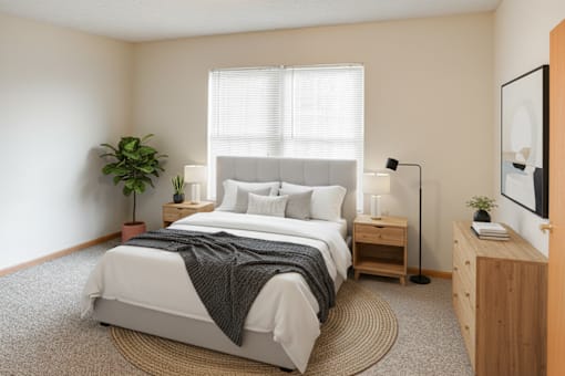 A bedroom with a large bed and a plant on the side table.