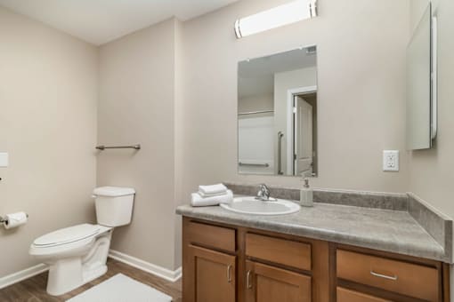 A bathroom with a toilet, sink, and mirror.